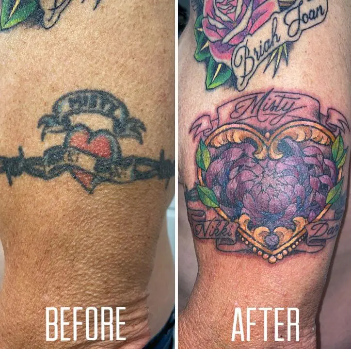 coverup tattoo with names and flowers