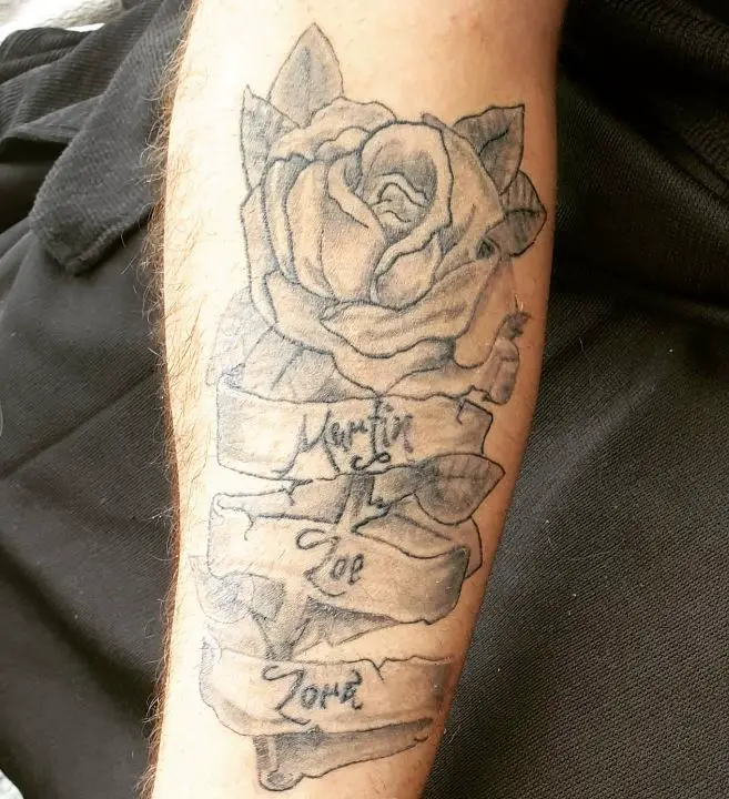 kids names and rose tattoo with shading