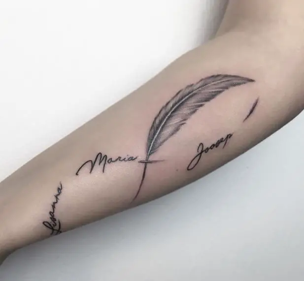minimal tattoo with names and infinity sign feather