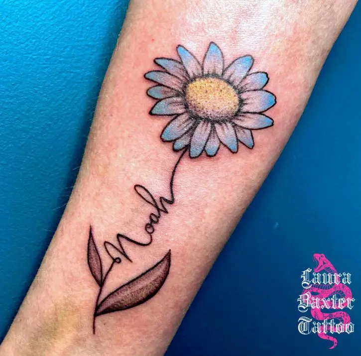 name tattoo with blue flower
