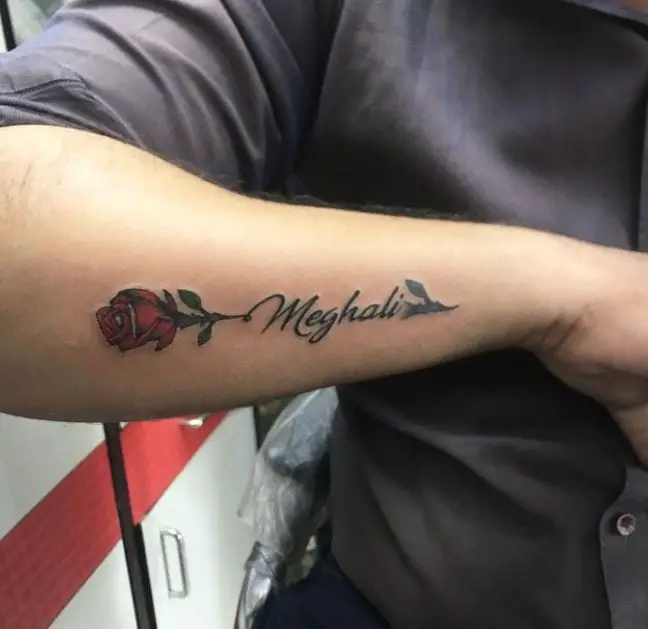 name tattoo with red rose