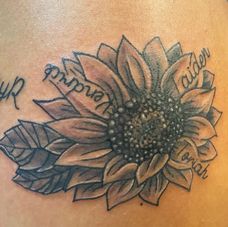 sunflower and names tattoo