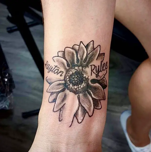 sunflower tattoo with shading name kids names