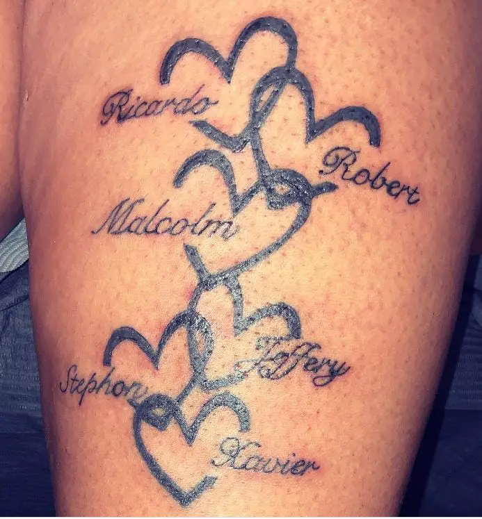 tattoo with 6 names and 6 hearts
