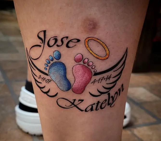 tattoo with names, angel wings, and footprints