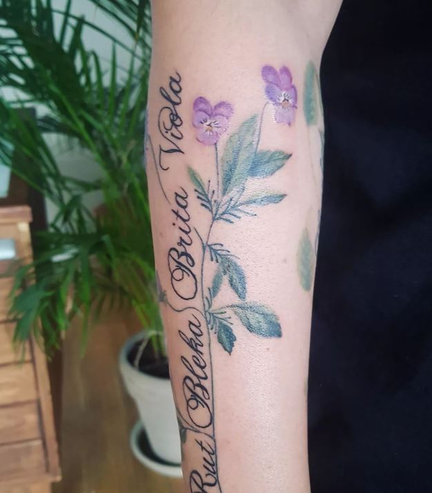 violet floral tattoo with names