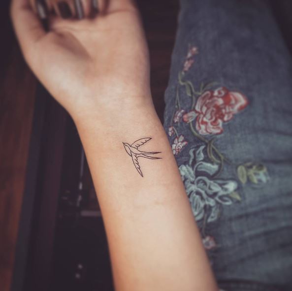 Black-Lined Small Swallow Wrist Tattoo