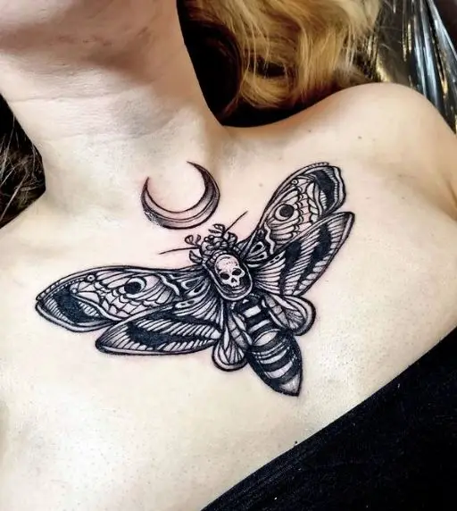 Black Death Moth with Skull Chest Tattoo