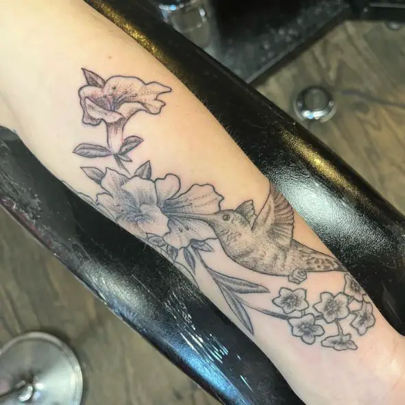 Shaded Hibiscus and Hummingbird Tattoo
