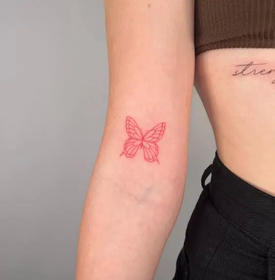 Red Line-Work Butterfly Biceps Tattoo