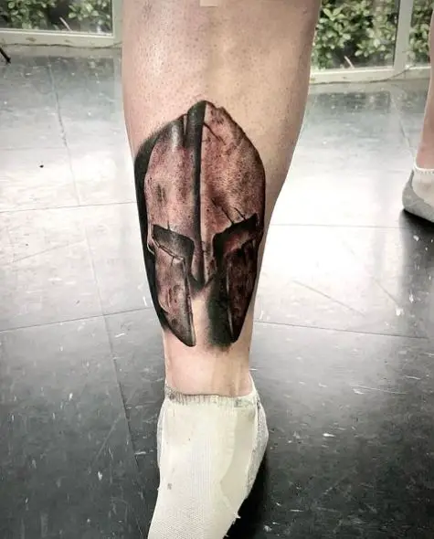3D Spartan Helmet Leg Tattoo