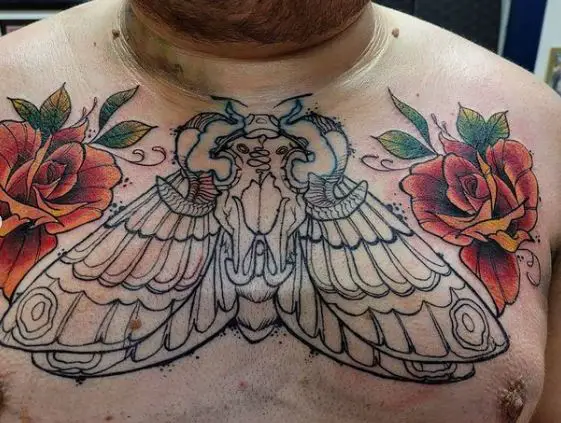 Red Roses and Death Moth Chest Tattoo