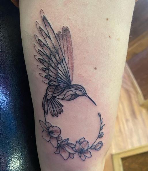 Linework Hibiscus and Hummingbird Tattoo