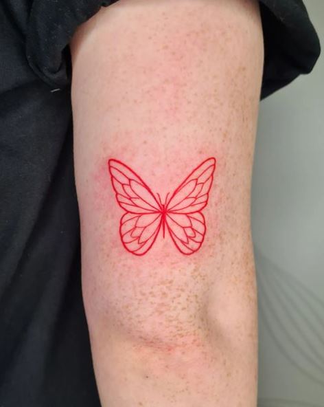 Red Line-Work Butterfly Elbow Tattoo