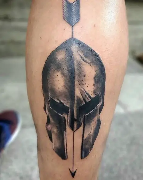 Arrow and Spartan Helmet Calf Muscle Tattoo