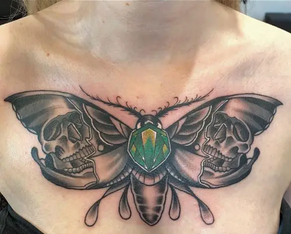 Big Grey and Green Moth Chest Tattoo