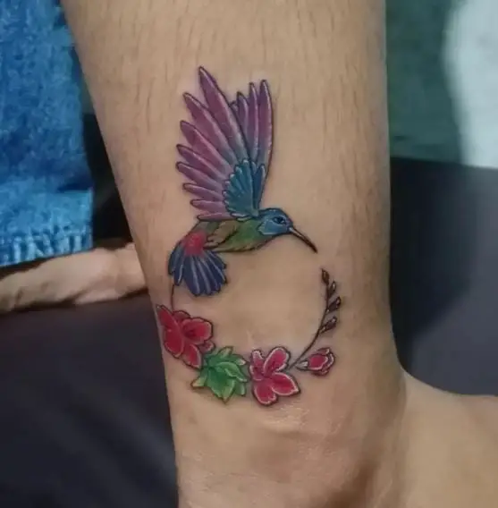 Colorful Hibiscus and Hummingbird Tattoo