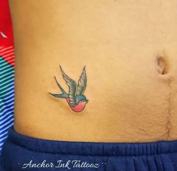 Small Colored Sparrow Belly Tattoo