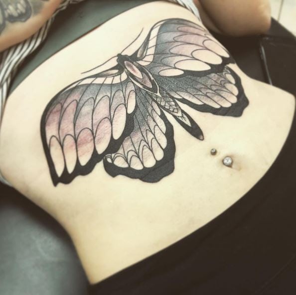 Big Black and Grey Moth Chest Tattoo