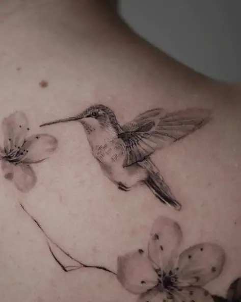 Grey & White Hummingbird and Hibiscus Tattoo