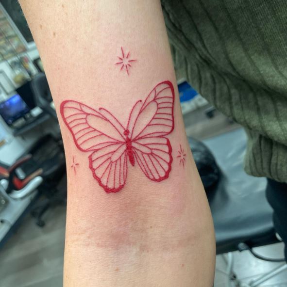 Red Stars and Butterfly Biceps Tattoo