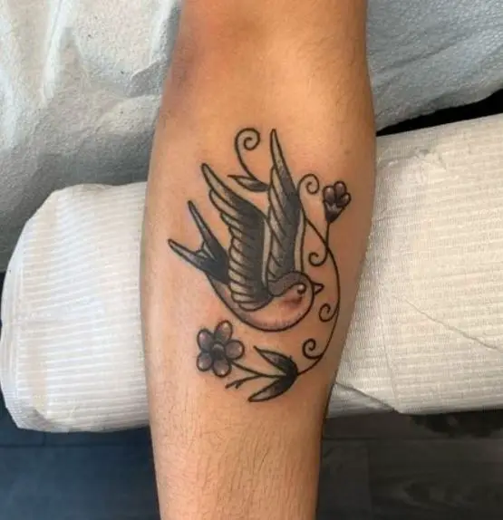 Flowers and Sparrow Arm Tattoo