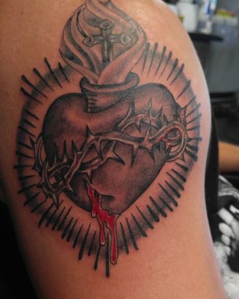 Red Blood Sacred Heart Shoulder Tattoo