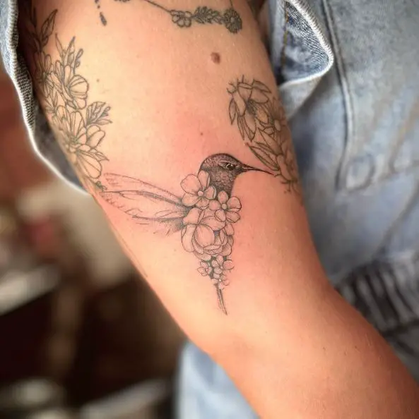 Black & White Hummingbird Tattoo on Biceps
