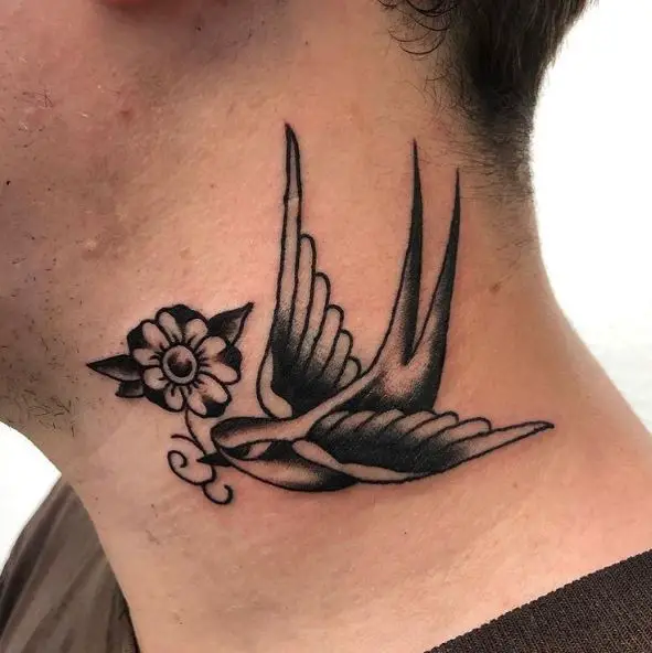 Black Swallow Neck Tattoo with Flower