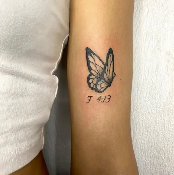 Bible Verse and Butterfly Biceps Tattoo