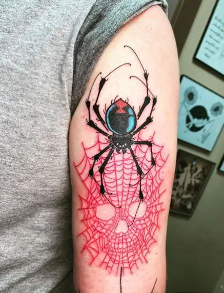 Spider and Skull shaped Spider Web Arm Tattoo