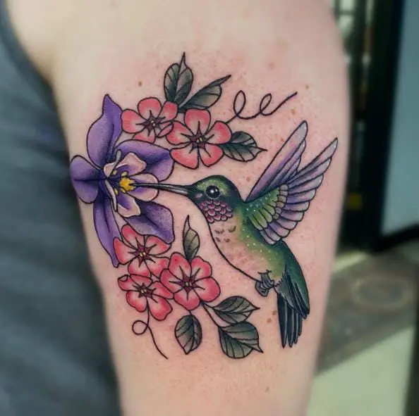 Colorful Hummingbird and Hibiscus Tattoo