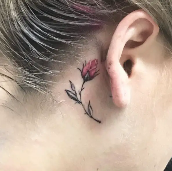 MInimalistic Behind Ear Red Rose Bud Tattoo