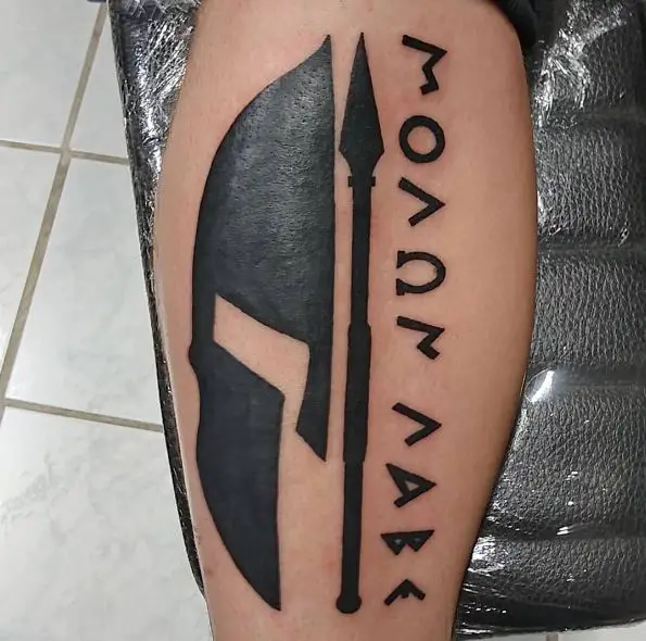 Greek Letters with Spear and Half Spartan Helmet Tattoo
