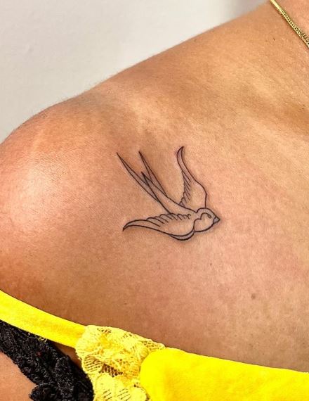 Thin Lined Minimal Swallow Shoulder Tattoo