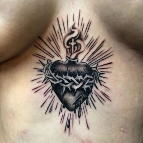 Drops of Blood from Bleeding Sacred Heart Chest Tattoo