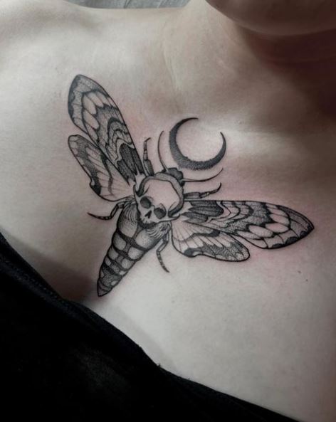 Grey Skull Death Moth Chest Tattoo