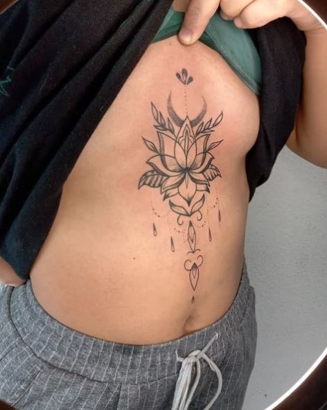 Grey Symmetrical Lotus Flower Stomach Tattoo