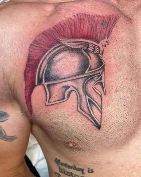 Red Plume on Spartan Helmet Chest Tattoo