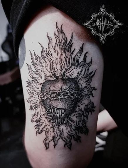 Bleeding Sacred Heart on Fire Arm Tattoo