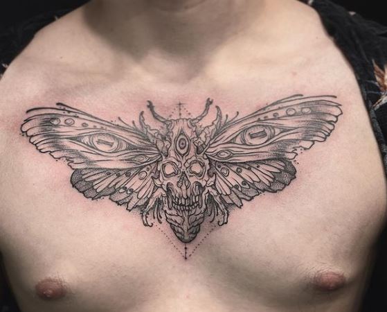 Big Grey Moth Chest Tattoo