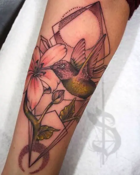 Colored Lily and Hummingbird Tattoo