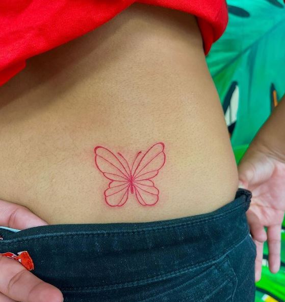 Fine-Lined Red Butterfly Belly Tattoo