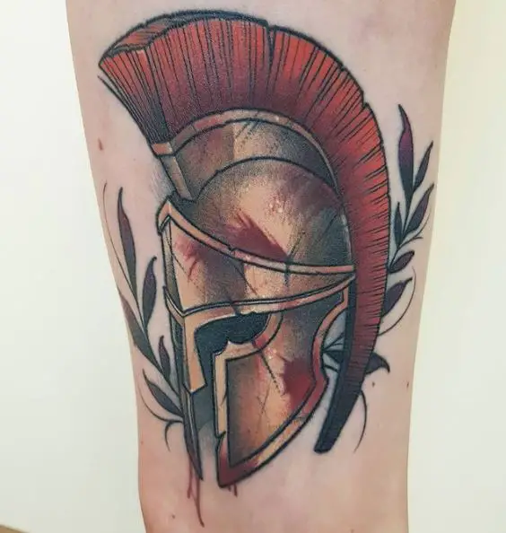 Laurel Wreath and Spartan Helmet Leg Tattoo