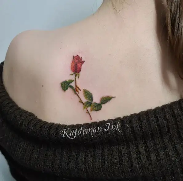 Small Red Rose Bud Shoulder Tattoo