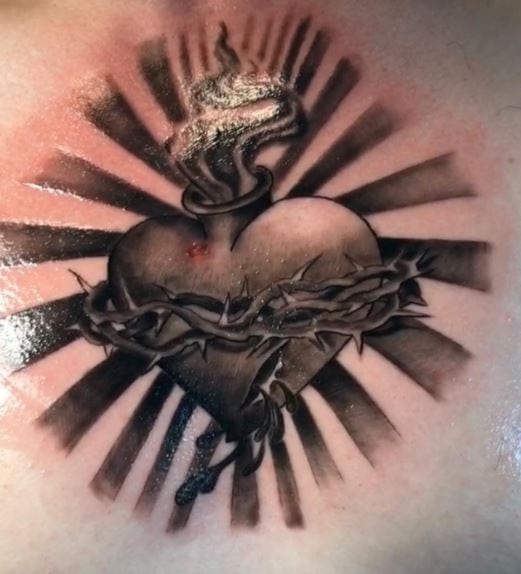 Black and Grey Bleeding Sacred Heart Tattoo