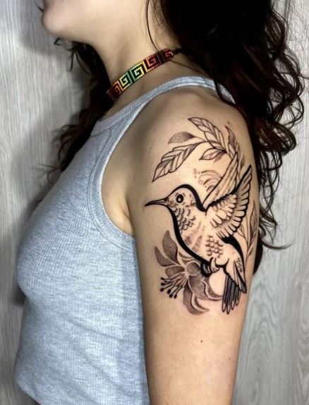 Blackwork Hummingbird Shoulder Tattoo