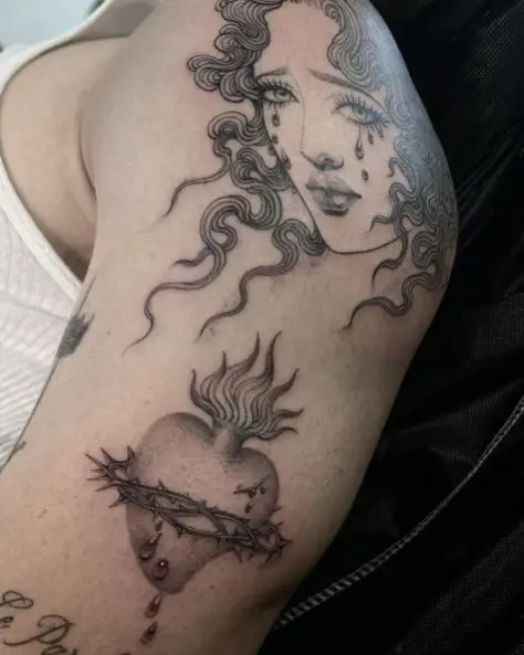 Crying Woman above Grey Bleeding Sacred Heart Tattoo