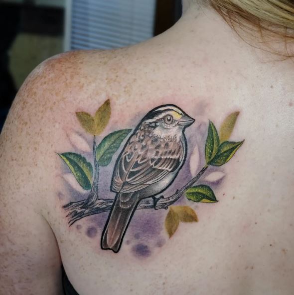 Sparrow on Branch Shoulder Tattoo