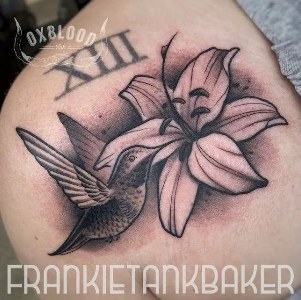 Shaded Hummingbird and Lily Flower Tattoo